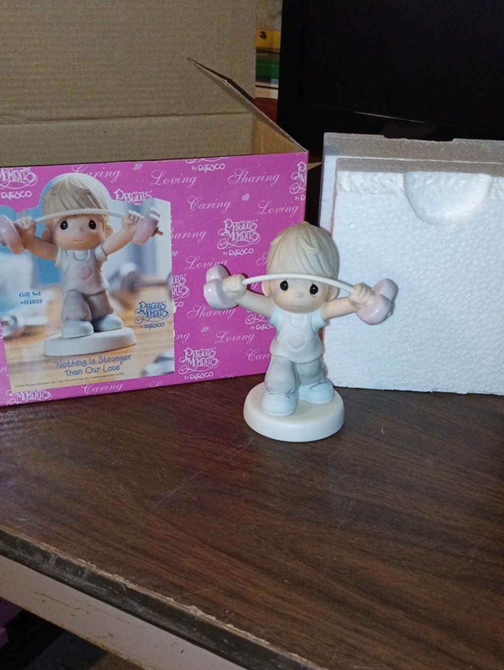 Precious Moments Cream and Pink Boy Lifting Dumbbells Figurine